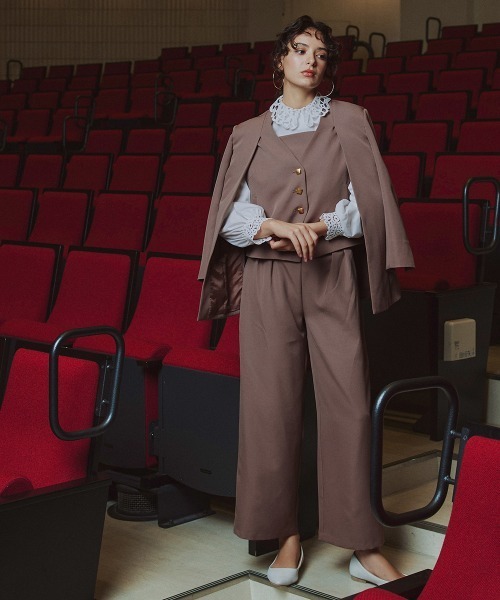 Callarus（カラルス）の「レイヤードデザインジャケット3点セットスーツ（ジャケット＋アシメデザインビスチェ＋ワイドパンツ）〔Callarus〕（スーツセット・レディース・ブラック/モカ・L/M/3L/LL）」の20枚目の写真