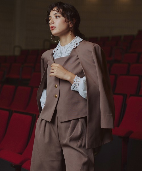 Callarus（カラルス）の「レイヤードデザインジャケット3点セットスーツ（ジャケット＋アシメデザインビスチェ＋ワイドパンツ）〔Callarus〕（スーツセット・レディース・ブラック/モカ・L/M/3L/LL）」の21枚目の写真