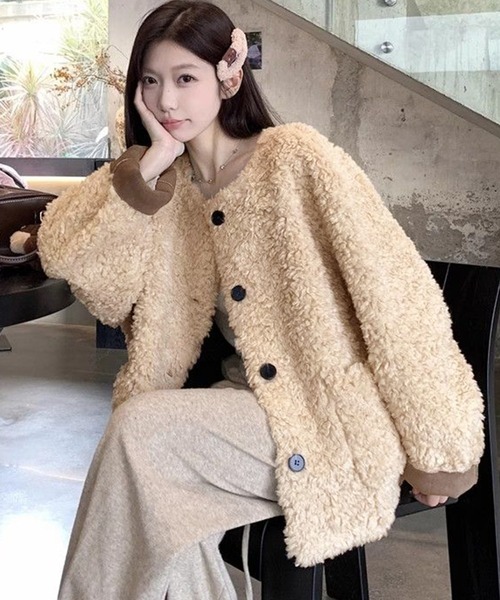 ノーカラーファーボアコート（その他アウター）｜LAFFMO（ラフモ）の