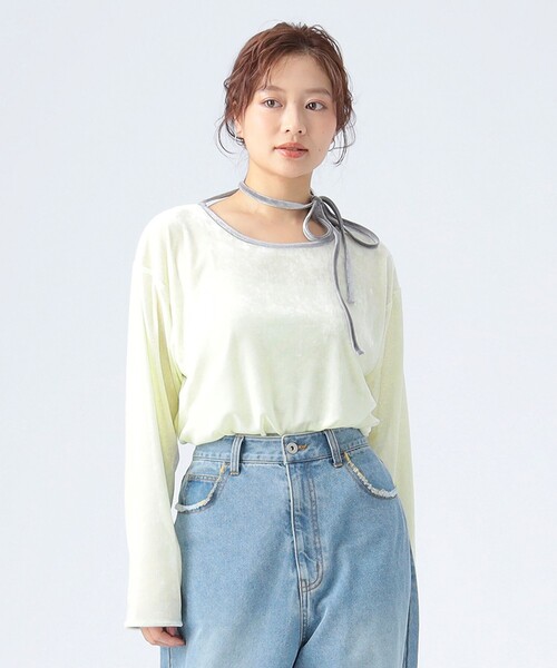 BEAMS HEART(ビームスハート)の「シアー ベロア リンガーTシャツ(Tシャツ/カットソー・レディース・イエロー系その他4/チャコールグレー/ホワイト系その他5・FREE)」の3枚目の写真