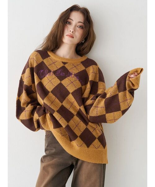 EVRIS（エヴリス）の「アーガイルニットトップス（ニット/セーター・レディース・ブルー/ブラウン・FREE）」の2枚目の写真