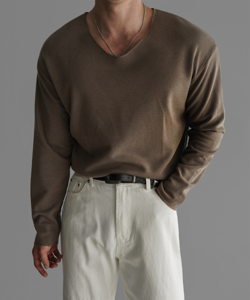 BOWLOW PRODUCT（バウロープロダクト）の「VネックベーシックニットTシャツ[モカ]（Tシャツ/カットソー・メンズ・その他・MEDIUM/LARGE/X-LARGE）」の3枚目の写真