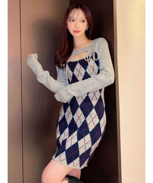 RESEXXY（リゼクシー）の「アーガイルタイトニットミニワンピース（ワンピース・レディース・ブラック/ベージュ/グレー・FREE）」の6枚目の写真