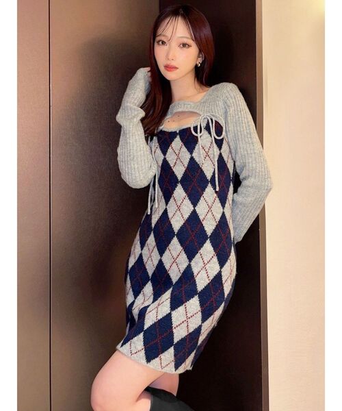 RESEXXY（リゼクシー）の「アーガイルタイトニットミニワンピース（ワンピース・レディース・ブラック/ベージュ/グレー・FREE）」の7枚目の写真