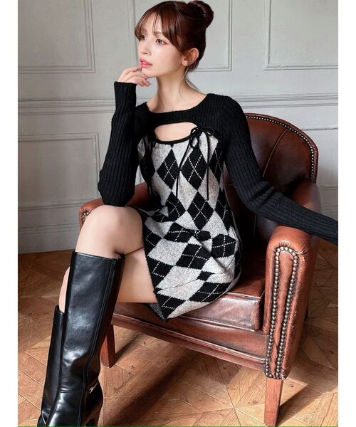 RESEXXY（リゼクシー）の「アーガイルタイトニットミニワンピース（ワンピース・レディース・ブラック/ベージュ/グレー・FREE）」の12枚目の写真