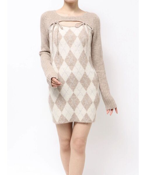 RESEXXY（リゼクシー）の「アーガイルタイトニットミニワンピース（ワンピース・レディース・ブラック/ベージュ/グレー・FREE）」の5枚目の写真