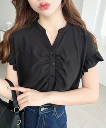 厚手シフォンキーネックフロントギャザー袖フリルブラウス