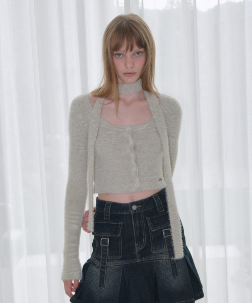 HAIRY MULTI MIX KNIT CARDIGAN [KHAKI]