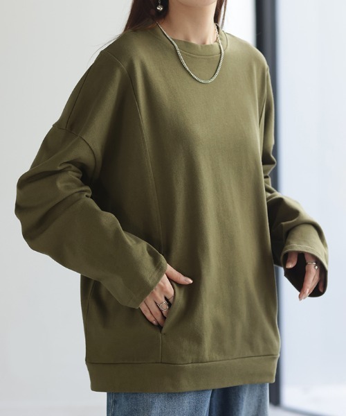 HUG.U(ハグユー)の「ポケット付き 綿100% モックネック ロンT(Tシャツ/カットソー・レディース・カーキ/ライトブルー/ブラック/ホワイト/テラコッタ/ダークグレー・FREE)」の5枚目の写真