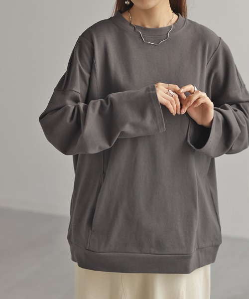 HUG.U(ハグユー)の「ポケット付き 綿100% モックネック ロンT(Tシャツ/カットソー・レディース・カーキ/ライトブルー/ブラック/ホワイト/テラコッタ/ダークグレー・FREE)」の3枚目の写真