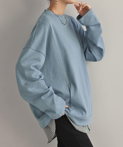 HUG.U(ハグユー)の「ポケット付き 綿100% モックネック ロンT(Tシャツ/カットソー・レディース・カーキ/ライトブルー/ブラック/ホワイト/テラコッタ/ダークグレー・FREE)」の6枚目の写真