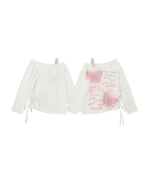 HOOK(フック)の「チェック蝶モチーフ ドロストロンT(Tシャツ/カットソー・レディース・ホワイト/ブラック・M/S)」の2枚目の写真