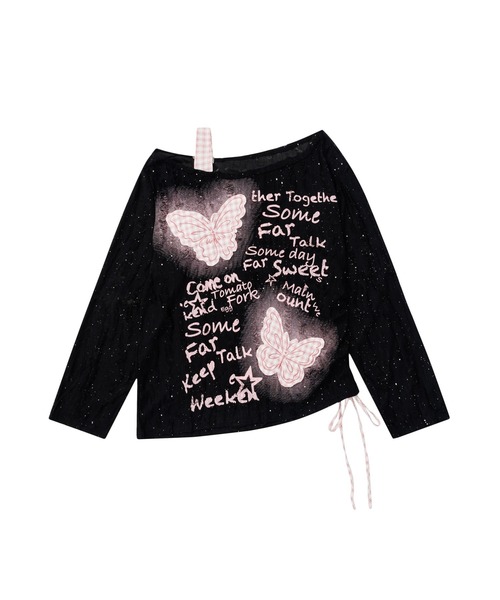 HOOK(フック)の「チェック蝶モチーフ ドロストロンT(Tシャツ/カットソー・レディース・ホワイト/ブラック・M/S)」の4枚目の写真