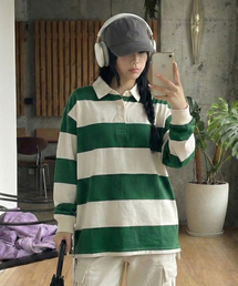 MOZMOZ（モズモズ）の「ラグビーストライプロングスリーブカラーTシャツグリーン（ポロシャツ）」