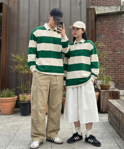 MOZMOZ（モズモズ）の「ラグビーストライプロングスリーブカラーTシャツグリーン（ポロシャツ・レディース・その他・M/L/2XL）」の3枚目の写真