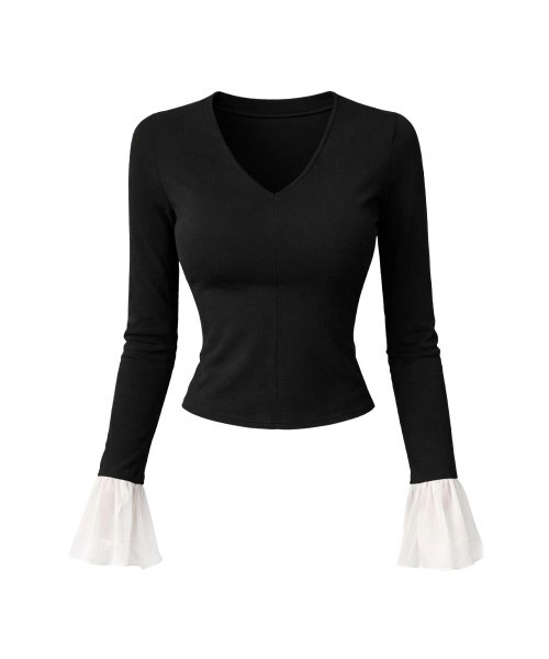 CeLess(セレス)の「Flare Sleeve V-neck Slim Top / フレアスリーブVネックスリムトップス(シャツ/ブラウス・レディース・ブラック・FREE)」の2枚目の写真