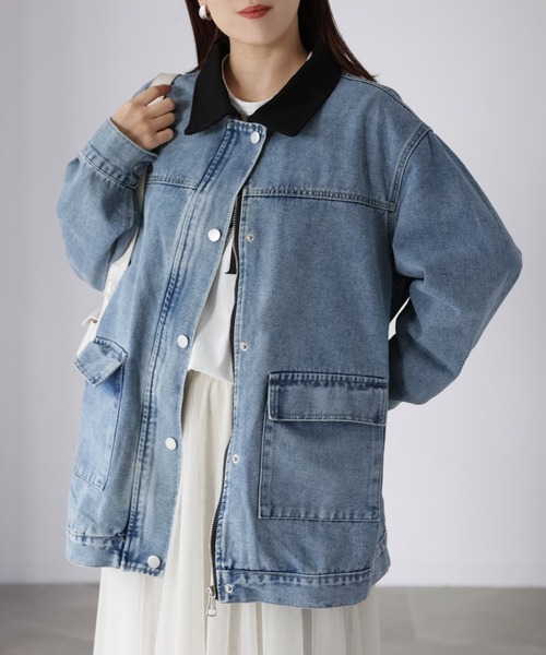 Riberry（リベリー）の「襟配色デニムジャケット（デニムジャケット・レディース・インディゴブルー/サックスブルー・FREE）」の9枚目の写真