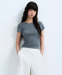 ウィメンズリブドピグメントスリムTシャツ[ピーコックブルー]