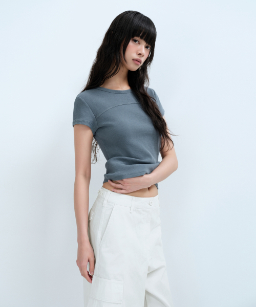 MUSINSA STANDARD WOMAN（ムシンサスタンダードウーマン）の「ウィメンズリブドピグメントスリムTシャツ[ピーコックブルー]（Tシャツ/カットソー・レディース・その他・X-SMALL/MEDIUM/SMALL/X-LARGE/LARGE）」の4枚目の写真