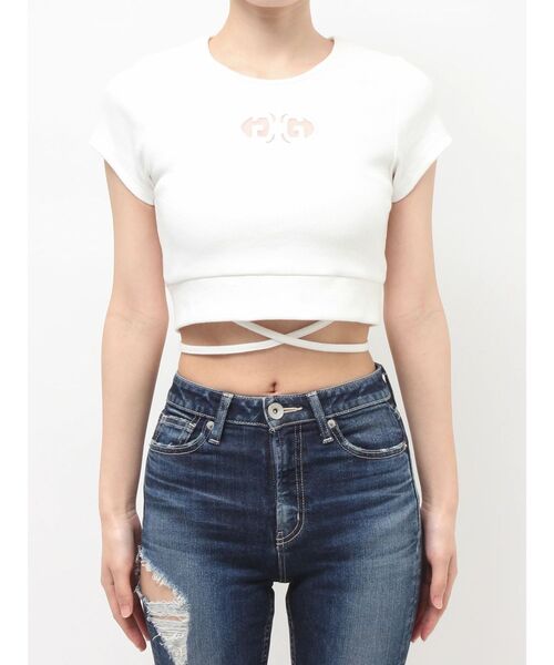 GYDA(ジェイダ)の「2WAY Symmetry GYDAクロスショートトップス(Tシャツ/カットソー・レディース・ブラック/オフホワイト・FREE)」の22枚目の写真