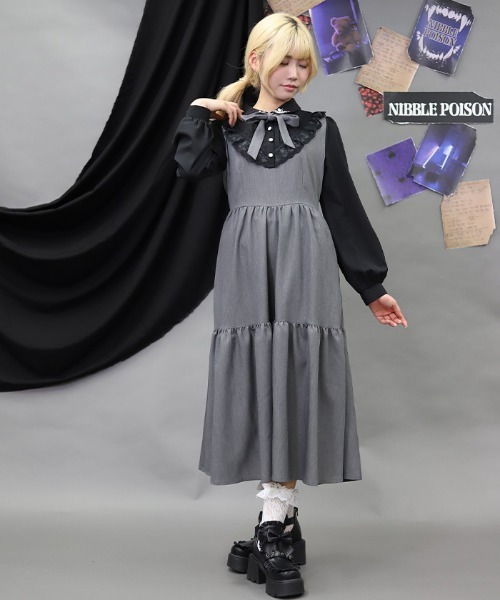 NIBBLE POISON(ニブルポイズン)の「猫刺繍ブロッキングワンピース(ワンピース・レディース・ブラック/グレー・MEDIUM)」の2枚目の写真
