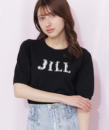 半袖ロゴジャカードビジューニット