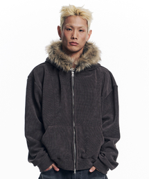 EASY NO EASY（イージーノーイージー）の「リブニットファーフードジップアップ - ブラウン（パーカー）」