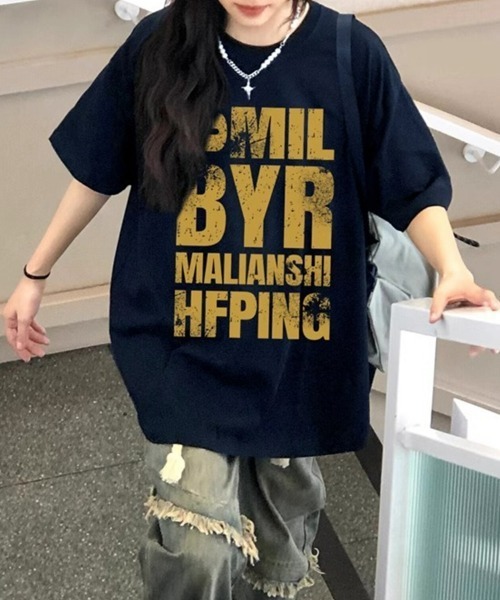 SEU(エスイーユー)の「ヴィンテージロゴプリント オーバーサイズTシャツ グラフィックプリントピグメントビッグロゴ オーバーサイズ ロックTシャツ(Tシャツ/カットソー・レディース・ネイビー/チャコール/ブラック/ホワイト/ライトグレー・フリー)」の1枚目の写真