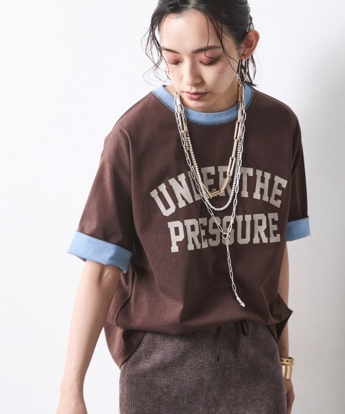 CHIC STYLE(シックスタイル)の「綿100%バイカラーロゴプリントTシャツ<大きいサイズ有>シックスタイル(Tシャツ/カットソー・レディース・モカ/キャメル・M/L/LL/3L/4L/5L)」の8枚目の写真