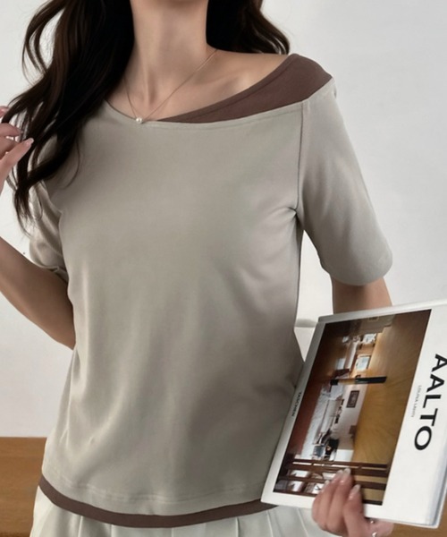 Eclat one(エクラワン)の「【Eclat one】バイカラー レイヤード ボートネック リブ トップス(Tシャツ/カットソー・レディース・ブラック/グレイッシュベージュ/アイボリー・M)」の1枚目の写真