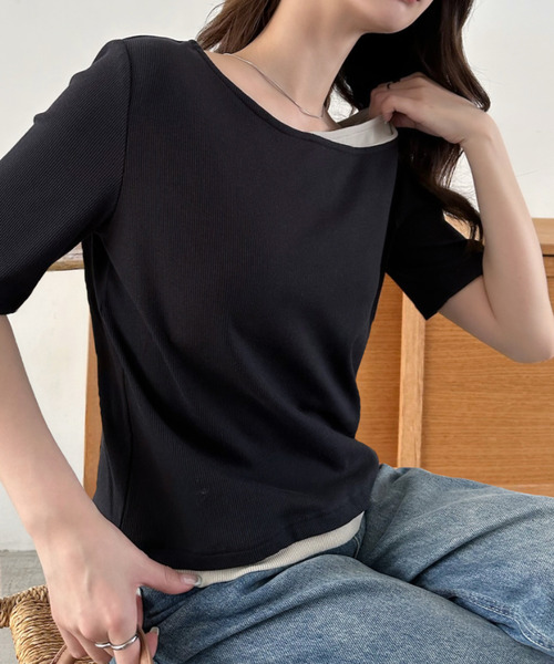 Eclat one(エクラワン)の「【Eclat one】バイカラー レイヤード ボートネック リブ トップス(Tシャツ/カットソー・レディース・ブラック/グレイッシュベージュ/アイボリー・M)」の3枚目の写真