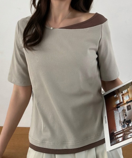 Eclat one(エクラワン)の「【Eclat one】バイカラー レイヤード ボートネック リブ トップス(Tシャツ/カットソー・レディース・ブラック/グレイッシュベージュ/アイボリー・M)」の16枚目の写真