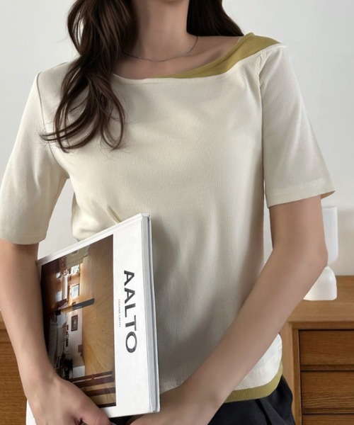 Eclat one(エクラワン)の「【Eclat one】バイカラー レイヤード ボートネック リブ トップス(Tシャツ/カットソー・レディース・ブラック/グレイッシュベージュ/アイボリー・M)」の4枚目の写真