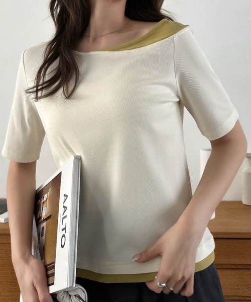 Eclat one(エクラワン)の「【Eclat one】バイカラー レイヤード ボートネック リブ トップス(Tシャツ/カットソー・レディース・ブラック/グレイッシュベージュ/アイボリー・M)」の8枚目の写真