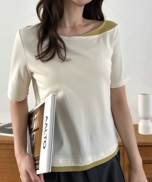 Eclat one(エクラワン)の「【Eclat one】バイカラー レイヤード ボートネック リブ トップス(Tシャツ/カットソー・レディース・ブラック/グレイッシュベージュ/アイボリー・M)」の7枚目の写真