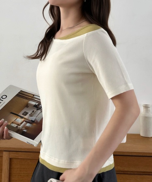 Eclat one(エクラワン)の「【Eclat one】バイカラー レイヤード ボートネック リブ トップス(Tシャツ/カットソー・レディース・ブラック/グレイッシュベージュ/アイボリー・M)」の5枚目の写真