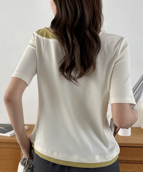Eclat one(エクラワン)の「【Eclat one】バイカラー レイヤード ボートネック リブ トップス(Tシャツ/カットソー・レディース・ブラック/グレイッシュベージュ/アイボリー・M)」の6枚目の写真