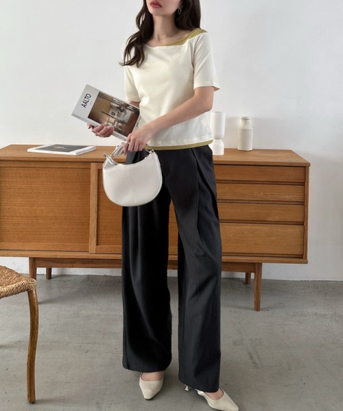 Eclat one(エクラワン)の「【Eclat one】バイカラー レイヤード ボートネック リブ トップス(Tシャツ/カットソー・レディース・ブラック/グレイッシュベージュ/アイボリー・M)」の9枚目の写真