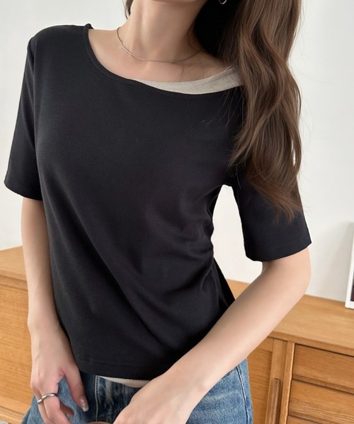 Eclat one(エクラワン)の「【Eclat one】バイカラー レイヤード ボートネック リブ トップス(Tシャツ/カットソー・レディース・ブラック/グレイッシュベージュ/アイボリー・M)」の10枚目の写真