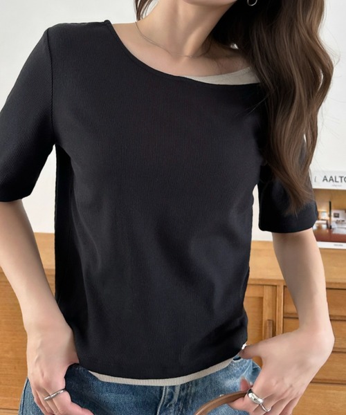 Eclat one(エクラワン)の「【Eclat one】バイカラー レイヤード ボートネック リブ トップス(Tシャツ/カットソー・レディース・ブラック/グレイッシュベージュ/アイボリー・M)」の12枚目の写真