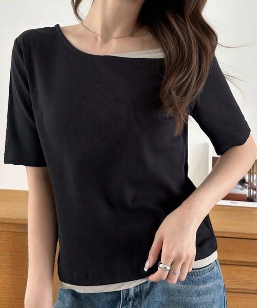 Eclat one(エクラワン)の「【Eclat one】バイカラー レイヤード ボートネック リブ トップス(Tシャツ/カットソー・レディース・ブラック/グレイッシュベージュ/アイボリー・M)」の14枚目の写真