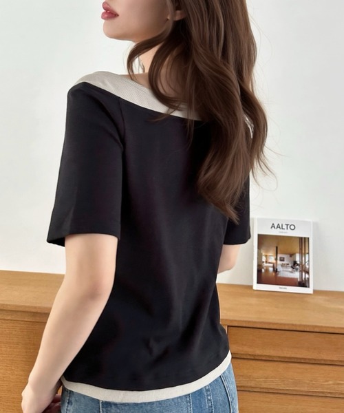 Eclat one(エクラワン)の「【Eclat one】バイカラー レイヤード ボートネック リブ トップス(Tシャツ/カットソー・レディース・ブラック/グレイッシュベージュ/アイボリー・M)」の11枚目の写真