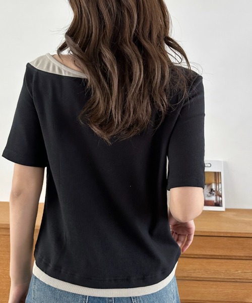 Eclat one(エクラワン)の「【Eclat one】バイカラー レイヤード ボートネック リブ トップス(Tシャツ/カットソー・レディース・ブラック/グレイッシュベージュ/アイボリー・M)」の15枚目の写真