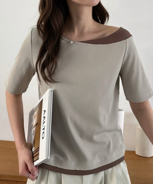 Eclat one(エクラワン)の「【Eclat one】バイカラー レイヤード ボートネック リブ トップス(Tシャツ/カットソー・レディース・ブラック/グレイッシュベージュ/アイボリー・M)」の19枚目の写真