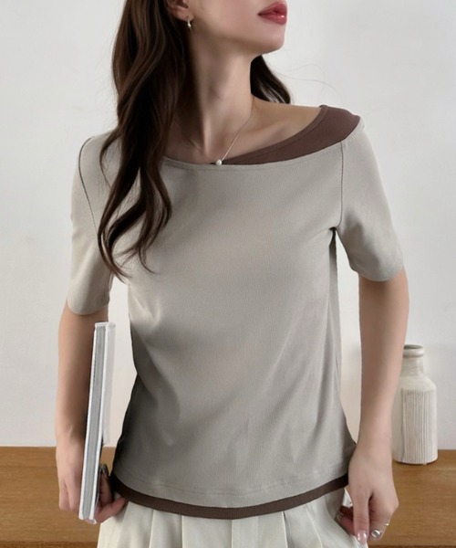 Eclat one(エクラワン)の「【Eclat one】バイカラー レイヤード ボートネック リブ トップス(Tシャツ/カットソー・レディース・ブラック/グレイッシュベージュ/アイボリー・M)」の20枚目の写真