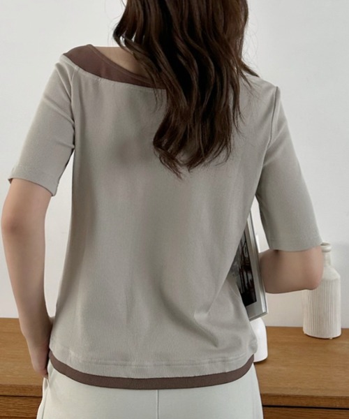 Eclat one(エクラワン)の「【Eclat one】バイカラー レイヤード ボートネック リブ トップス(Tシャツ/カットソー・レディース・ブラック/グレイッシュベージュ/アイボリー・M)」の18枚目の写真