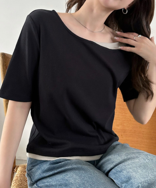 Eclat one(エクラワン)の「【Eclat one】バイカラー レイヤード ボートネック リブ トップス(Tシャツ/カットソー・レディース・ブラック/グレイッシュベージュ/アイボリー・M)」の13枚目の写真