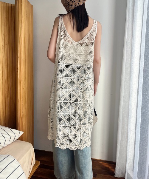Rejoule(リジュール)の「フラワーモチーフ かぎ編み クロシェ編み ロングキャミワンピース(ワンピース・レディース・ベージュ/ホワイト・FREE)」の10枚目の写真