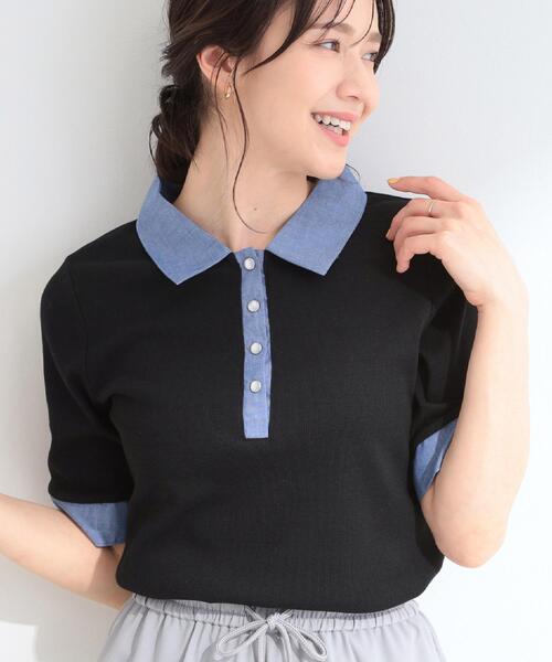 SHOO・LA・RUE（シューラルー）の「【洗濯機可/S-LL】シャツレイヤード風 テレコポロトップス（Tシャツ/カットソー・レディース・ブラック/グレー・04/03/02/01）」の2枚目の写真