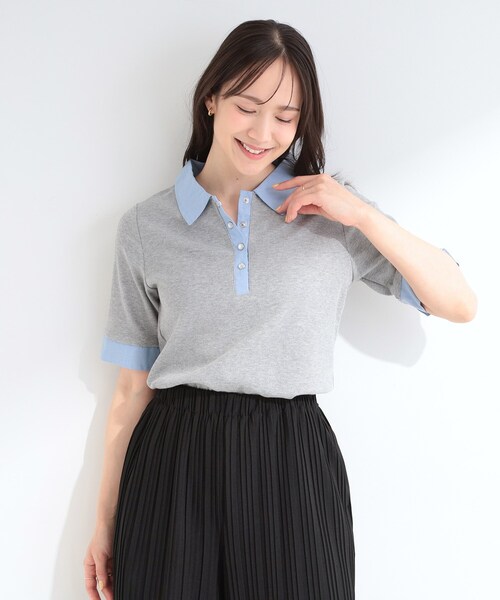 SHOO・LA・RUE（シューラルー）の「【洗濯機可/S-LL】シャツレイヤード風 テレコポロトップス（Tシャツ/カットソー・レディース・ブラック/グレー・04/03/02/01）」の3枚目の写真